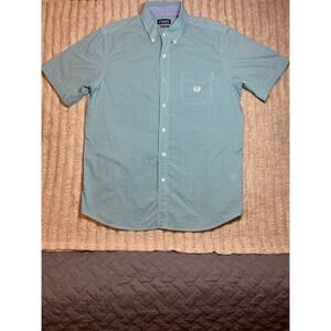 Chaps Men’s Short Sleeve Woven Shirt Green White SL Button Front Chest Pocket